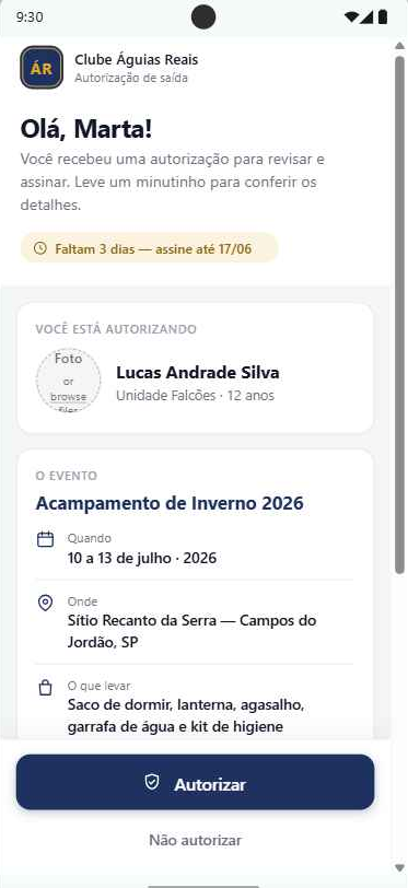 Tela de autorização vista pelo celular do responsável